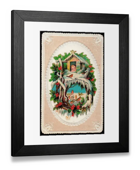 Framed Print : Child watching robins in the snow on a New Year card Framed Print : Child watching robins in the snow on a New Year card