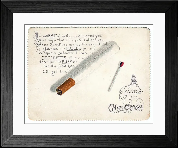 Framed Print : Cigarette and match with comic verse on a Christmas card Framed Print : Cigarette and match with comic verse on a Christmas card