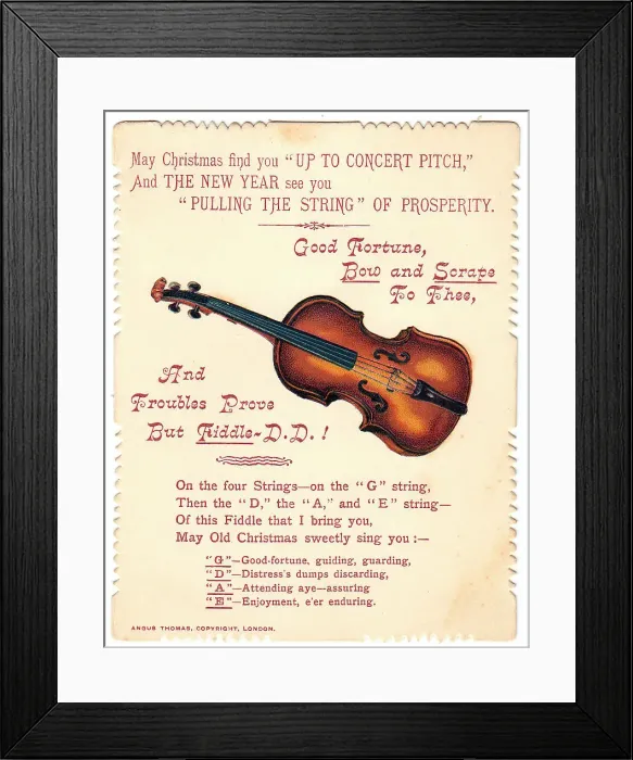 Framed Print : Violin with comic verse on a Christmas and New Year card Framed Print : Violin with comic verse on a Christmas and New Year card