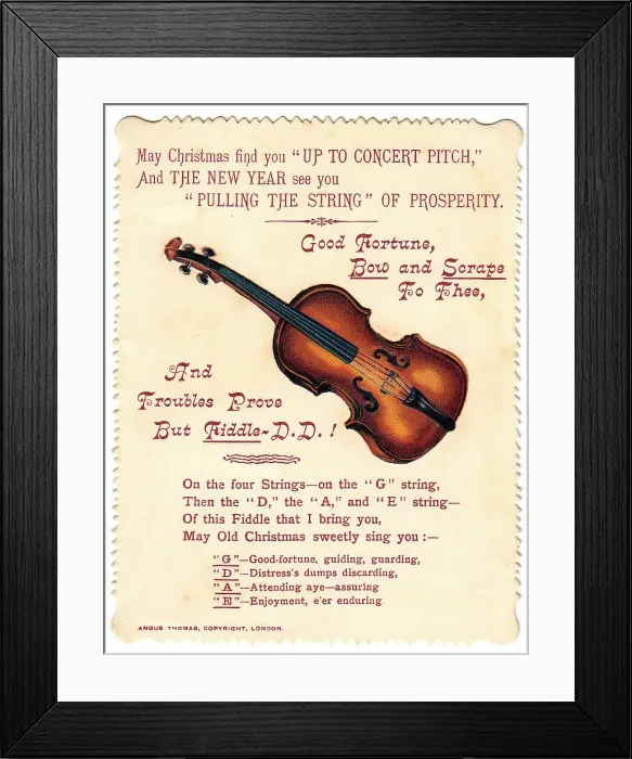 Framed Print : Violin with comic verse on a Christmas and New Year card Framed Print : Violin with comic verse on a Christmas and New Year card