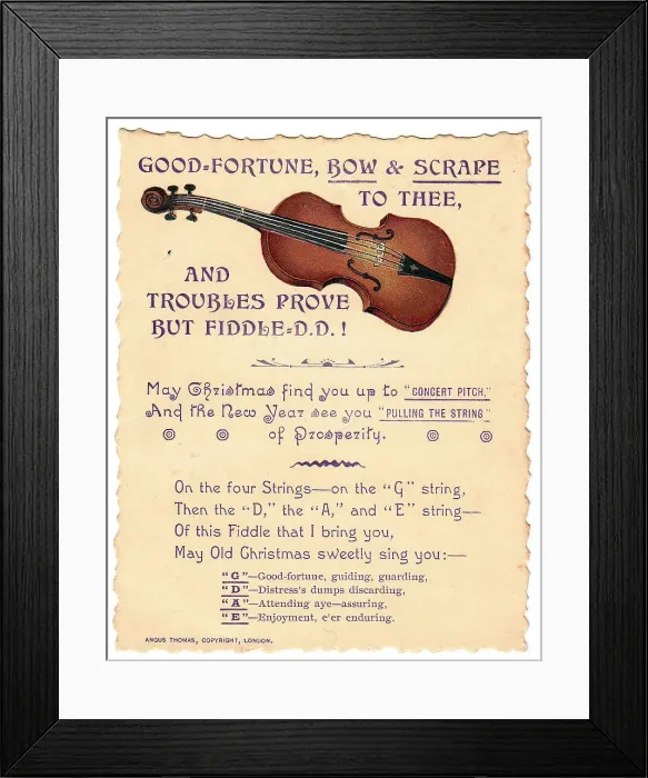 Framed Print : Violin with comic verse on a Christmas and New Year card Framed Print : Violin with comic verse on a Christmas and New Year card