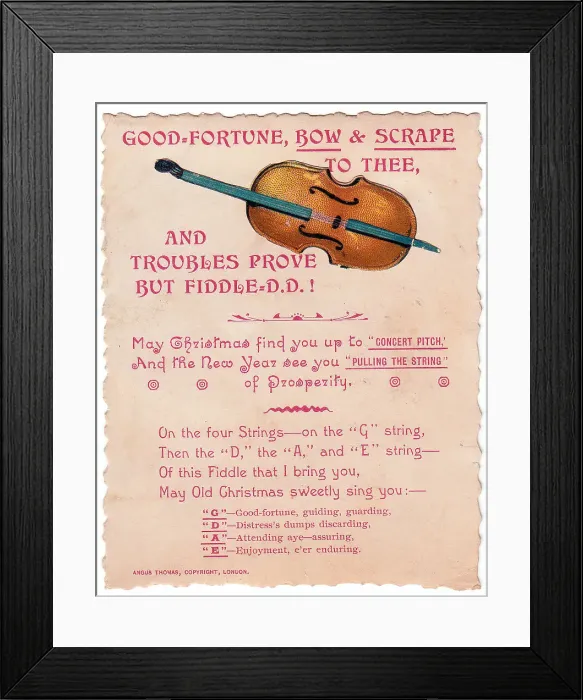 Framed Print : Violin with comic verse on a Christmas and New Year card Framed Print : Violin with comic verse on a Christmas and New Year card