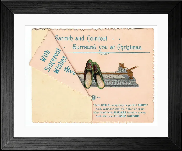 Framed Print : Pair of slippers with comic verse on a Christmas card Framed Print : Pair of slippers with comic verse on a Christmas card