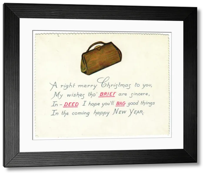 Framed Print : Bag with comic verse on a Christmas card Framed Print : Bag with comic verse on a Christmas card