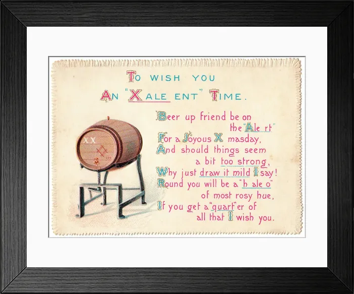 Framed Print : Barrel of beer with comic verse on a Christmas card Framed Print : Barrel of beer with comic verse on a Christmas card