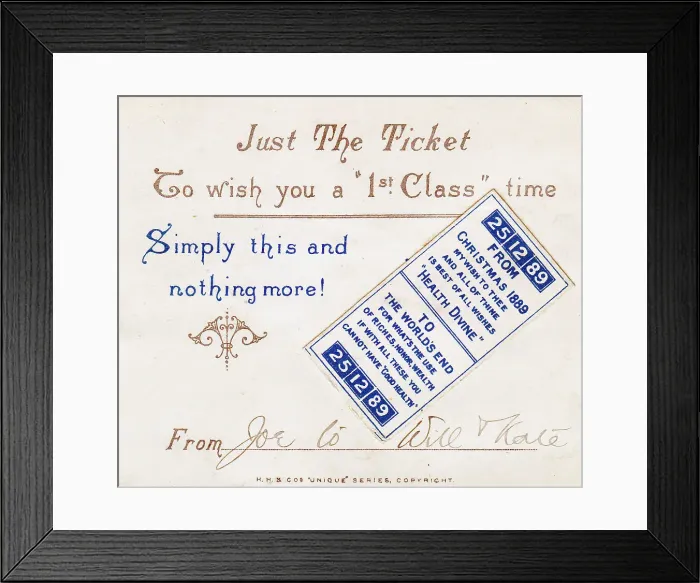 Framed Print : Travel ticket with comic verse on a Christmas card Framed Print : Travel ticket with comic verse on a Christmas card