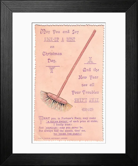 Framed Print : Sweeping brush with comic verse on a Christmas card Framed Print : Sweeping brush with comic verse on a Christmas card