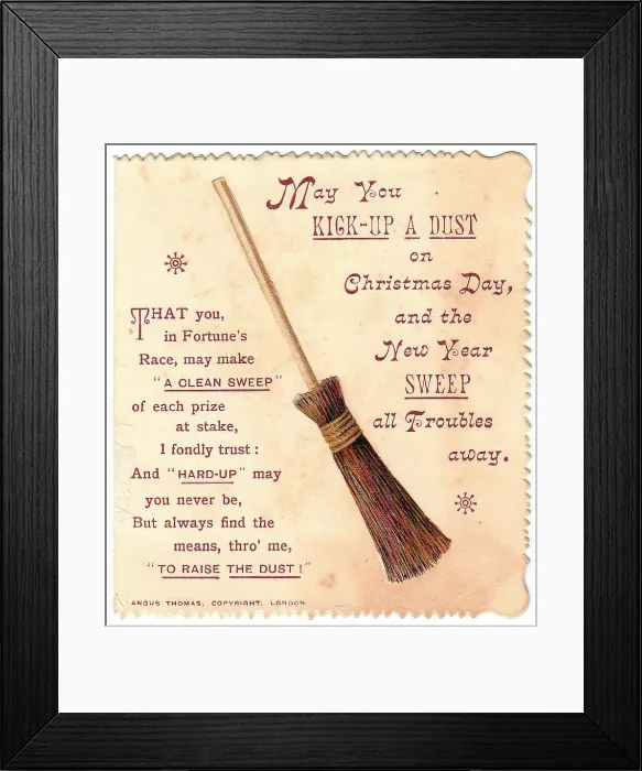 Framed Print : Sweeping brush with comic verse on a Christmas card Framed Print : Sweeping brush with comic verse on a Christmas card