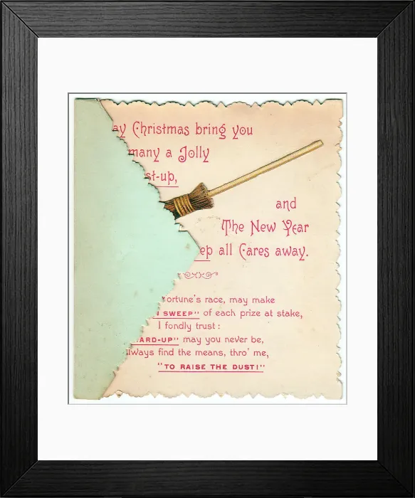 Framed Print : Sweeping brush with comic verse on a Christmas card Framed Print : Sweeping brush with comic verse on a Christmas card