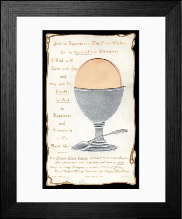 Framed Print : Boiled egg with comic verse on a Christmas card Framed Print : Boiled egg with comic verse on a Christmas card