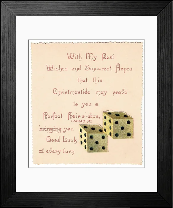 Framed Print : Pair of dice with comic verse on a Christmas card Framed Print : Pair of dice with comic verse on a Christmas card