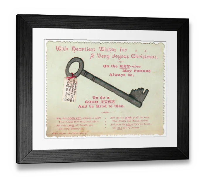 Framed Print : Key with comic verse on a Christmas card Framed Print : Key with comic verse on a Christmas card