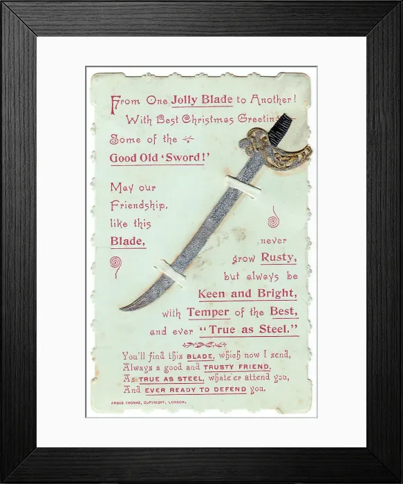 Framed Print : Sword with comic verse on a Christmas card Framed Print : Sword with comic verse on a Christmas card