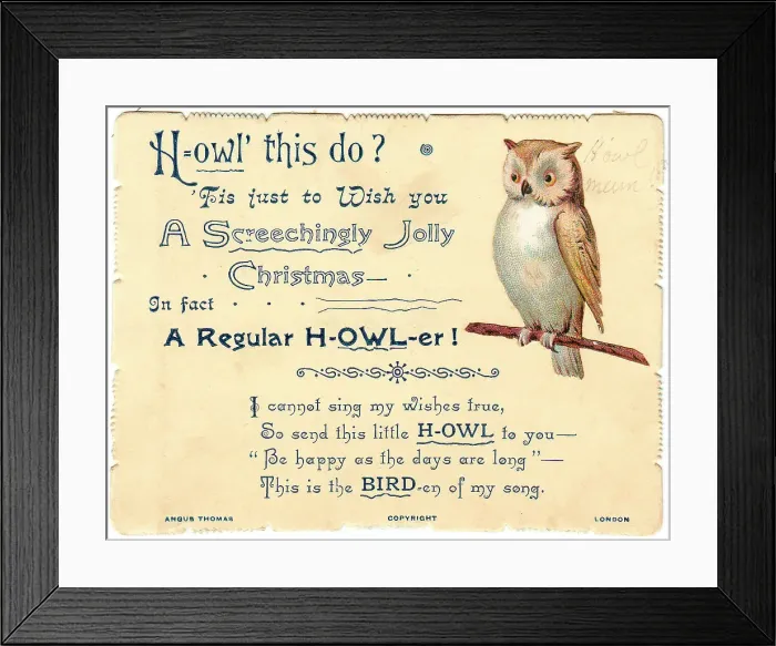 Framed Print : Owl with comic verse on a Christmas card Framed Print : Owl with comic verse on a Christmas card