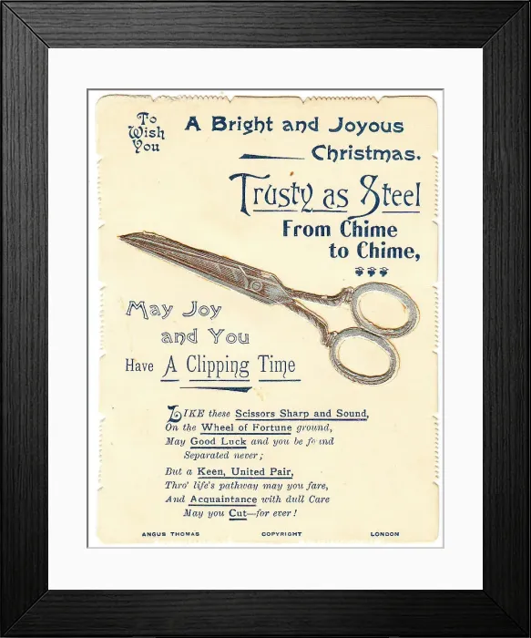 Framed Print : Pair of scissors with comic verse on a Christmas card