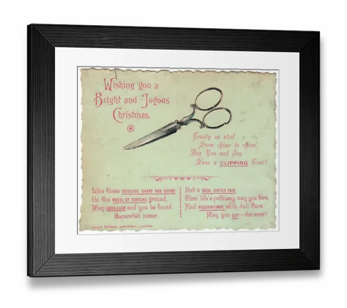 Framed Print : Pair of scissors with comic verse on a Christmas card Framed Print : Pair of scissors with comic verse on a Christmas card