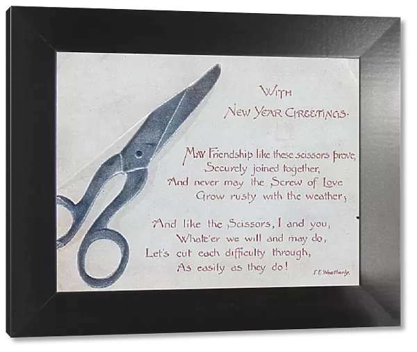 Pair of scissors with comic verse on a New Year card