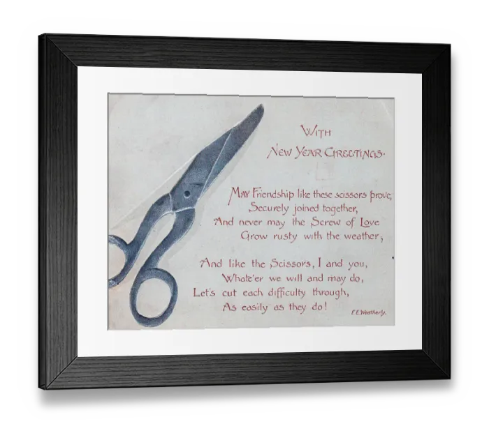 Framed Print : Pair of scissors with comic verse on a New Year card Framed Print : Pair of scissors with comic verse on a New Year card