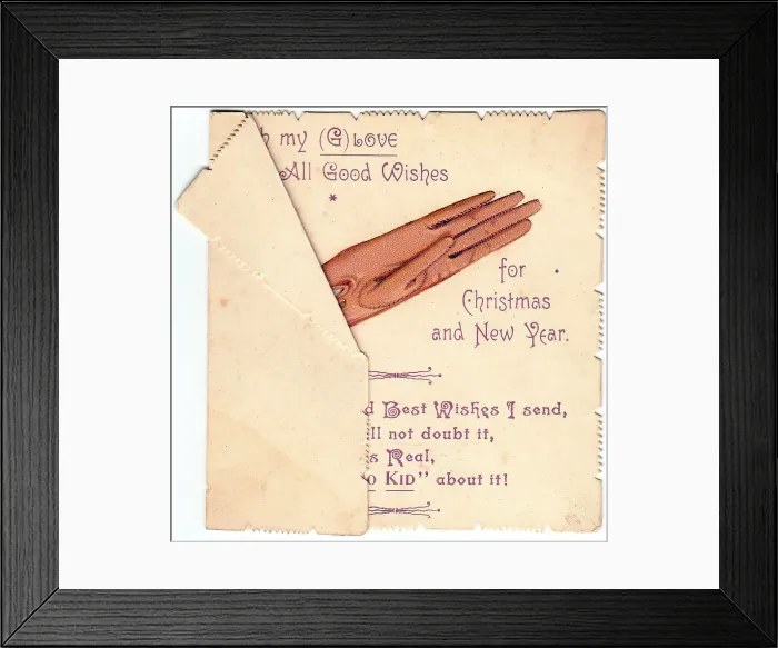 Framed Print : Glove with comic verse on a Christmas and New Year card Framed Print : Glove with comic verse on a Christmas and New Year card