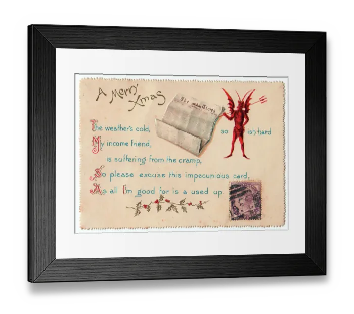 Framed Print : Devil with comic verse on a Christmas card Framed Print : Devil with comic verse on a Christmas card