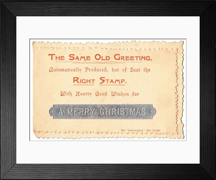 Framed Print : Metal stamp with comic verse on a Christmas card Framed Print : Metal stamp with comic verse on a Christmas card