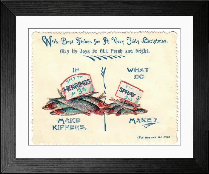 Framed Print : Fishes with comic verse on a Christmas card Framed Print : Fishes with comic verse on a Christmas card