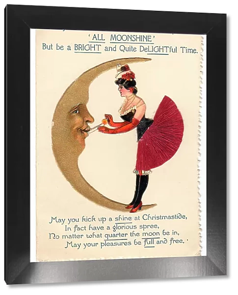 Crescent moon with comic verse on a Christmas card