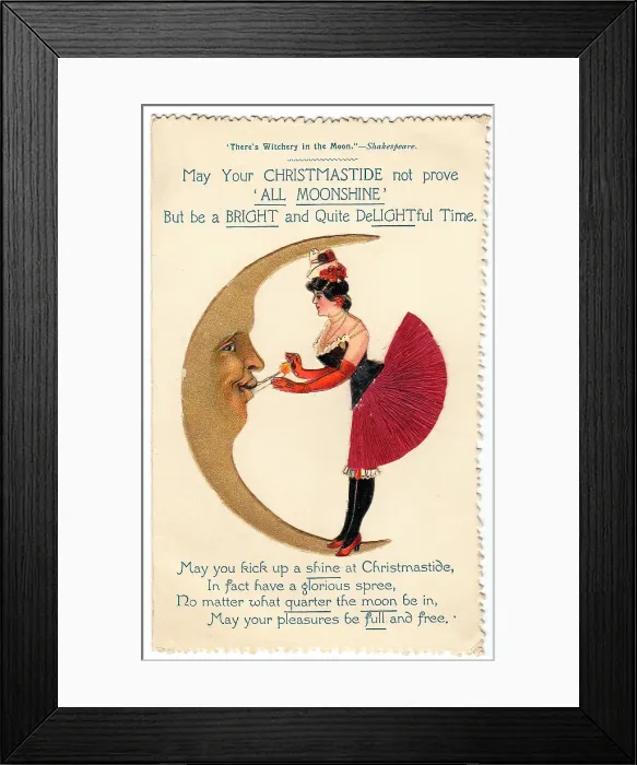 Framed Print : Crescent moon with comic verse on a Christmas card Framed Print : Crescent moon with comic verse on a Christmas card