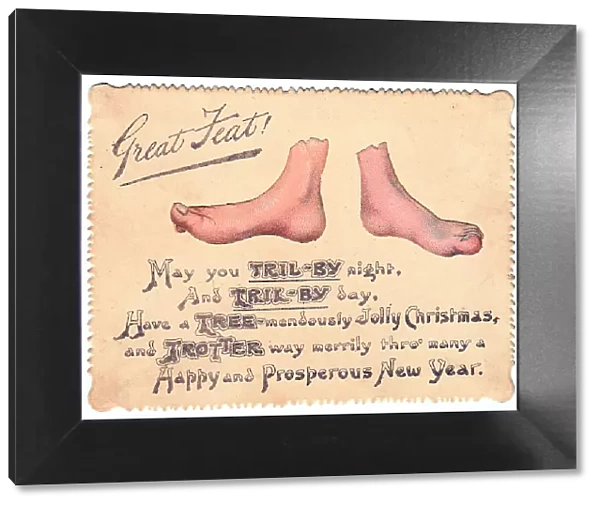 Pair of feet with comic verse on a Christmas card
