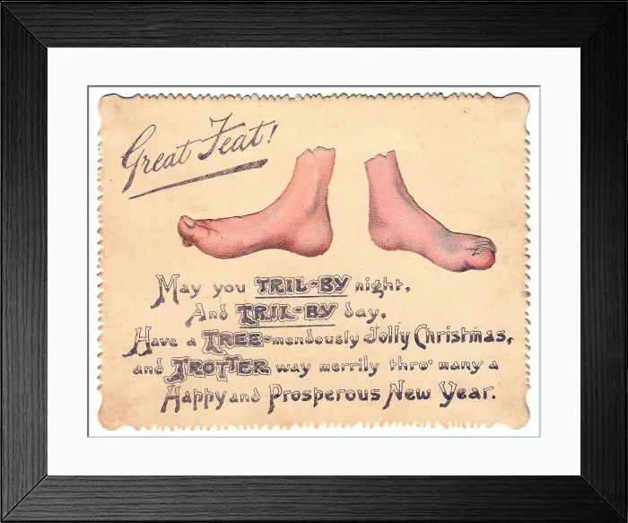 Framed Print : Pair of feet with comic verse on a Christmas card Framed Print : Pair of feet with comic verse on a Christmas card