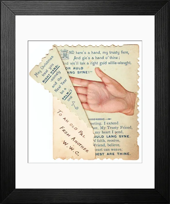 Framed Print : Hand with comic verse on a Christmas and New Year card Framed Print : Hand with comic verse on a Christmas and New Year card