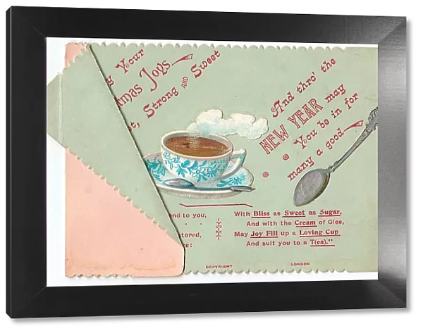 Cup of tea with comic verse on a Christmas card
