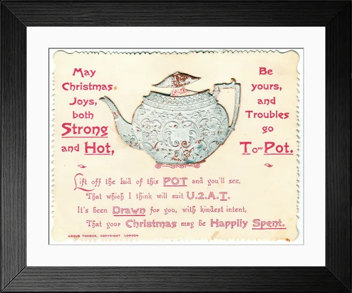 Framed Print : Teapot with comic verse on a Christmas card Framed Print : Teapot with comic verse on a Christmas card
