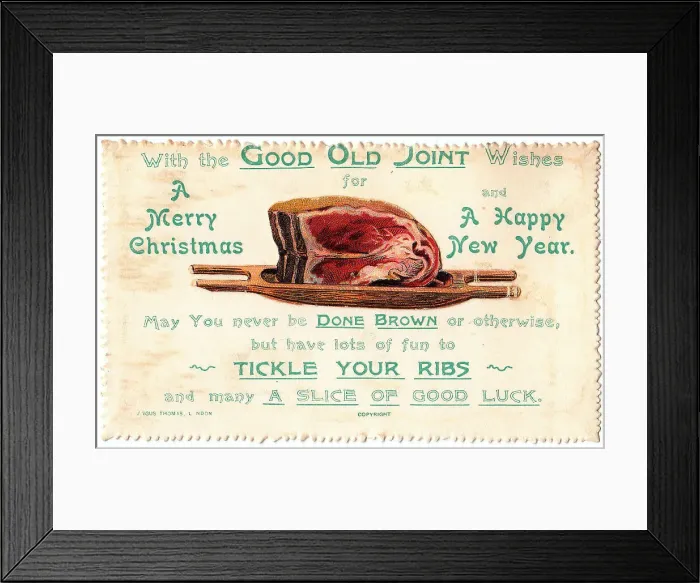 Framed Print : Joint of meat with comic verse on a Christmas card Framed Print : Joint of meat with comic verse on a Christmas card