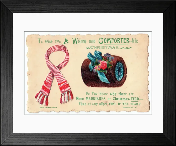 Framed Print : Scarf and hand muff with comic verse on a Christmas card Framed Print : Scarf and hand muff with comic verse on a Christmas card