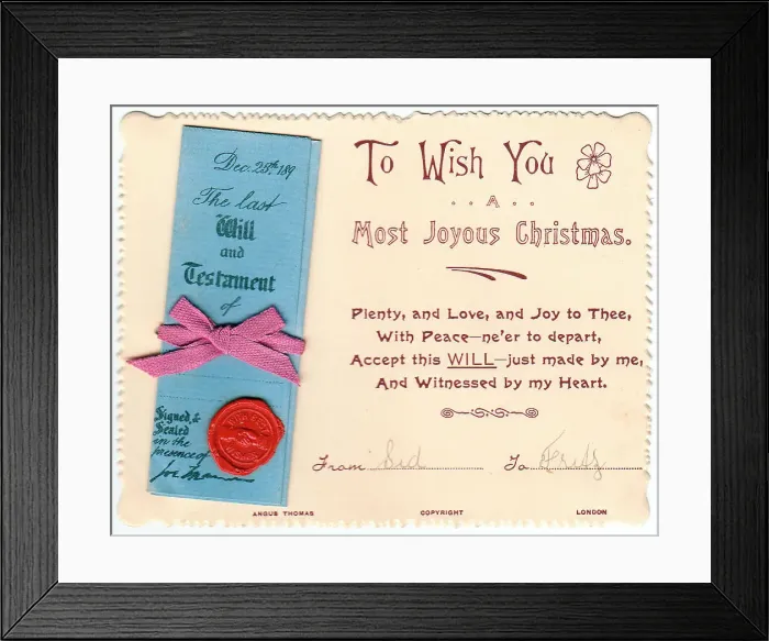 Framed Print : Last Will and Testament with verse on a Christmas card Framed Print : Last Will and Testament with verse on a Christmas card