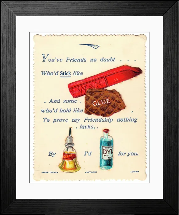 Framed Print : Wax, glue, gum and dye with comic verse on a greetings card Framed Print : Wax, glue, gum and dye with comic verse on a greetings card