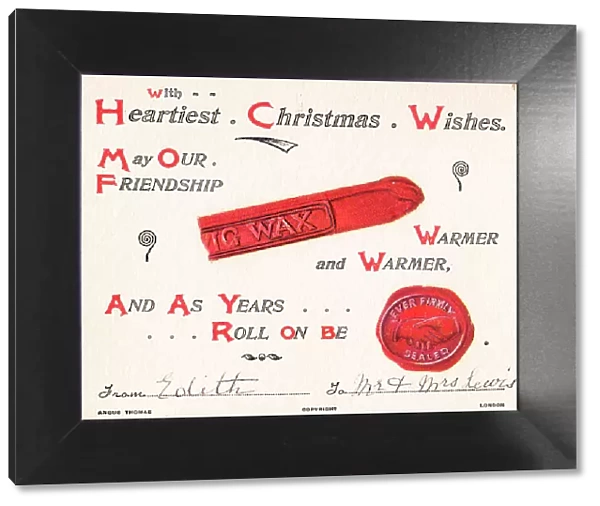Sealing wax and seal with comic verse on a Christmas card