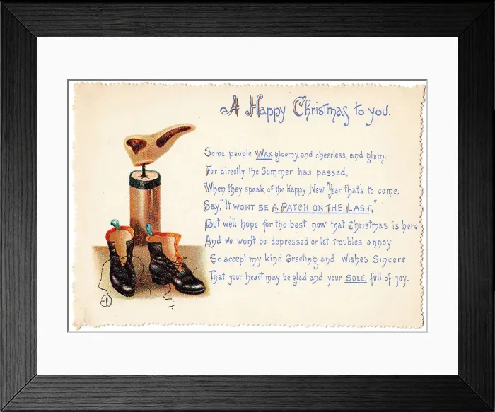 Framed Print : Last and boots on a Christmas and New Year card Framed Print : Last and boots on a Christmas and New Year card