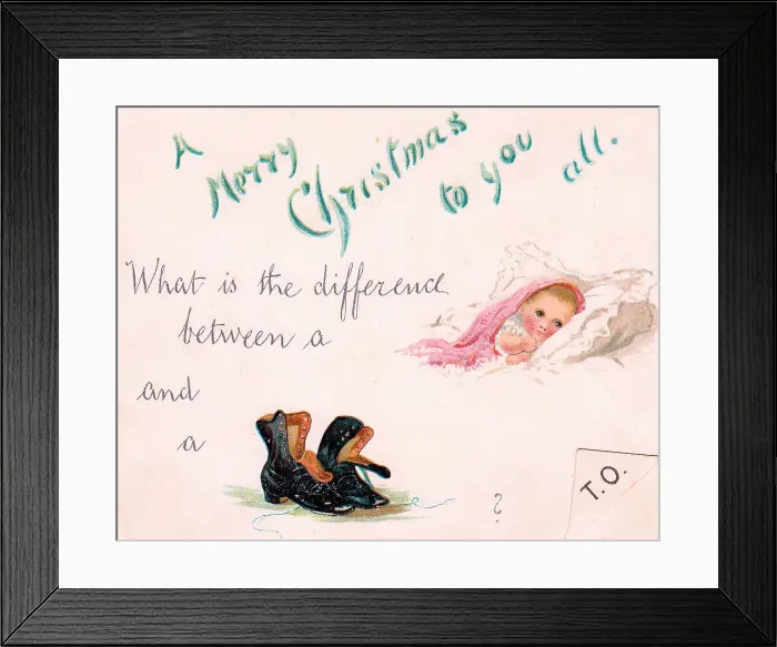 Framed Print : Baby and boots puzzle on a Christmas card Framed Print : Baby and boots puzzle on a Christmas card
