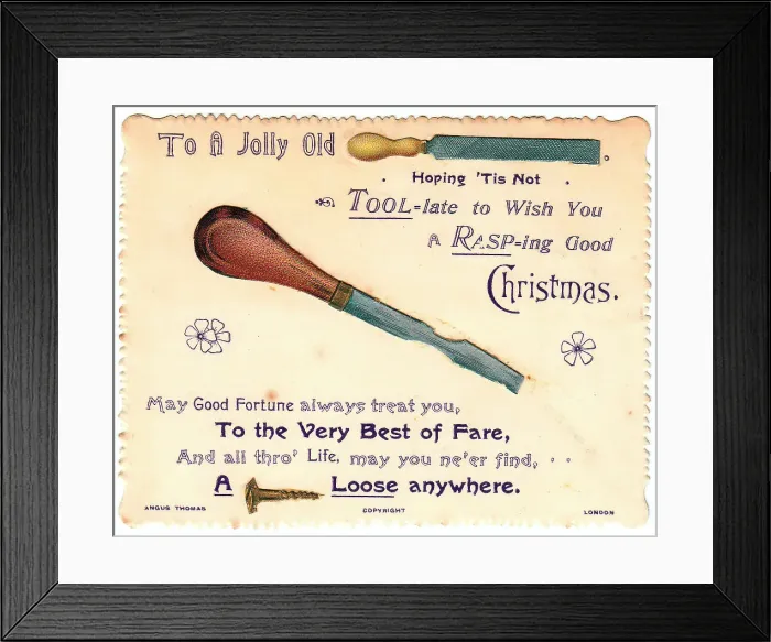 Framed Print : Tools with comic verse on a Christmas card