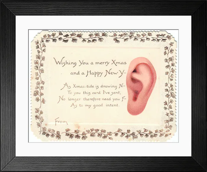 Framed Print : Ear with comic verse on a Christmas and New Year card Framed Print : Ear with comic verse on a Christmas and New Year card