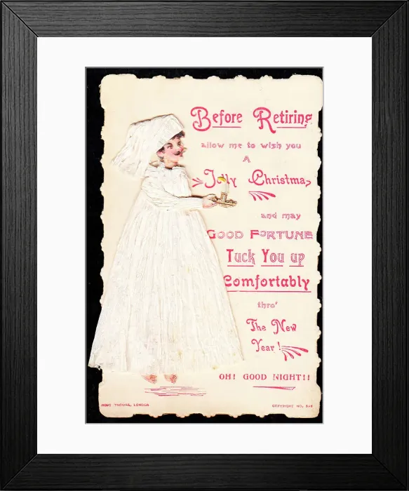 Framed Print : Man in nightgown with comic verse on a Christmas card Framed Print : Man in nightgown with comic verse on a Christmas card