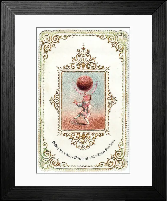 Framed Print : Acrobat balancing pudding on nose on a Christmas card Framed Print : Acrobat balancing pudding on nose on a Christmas card