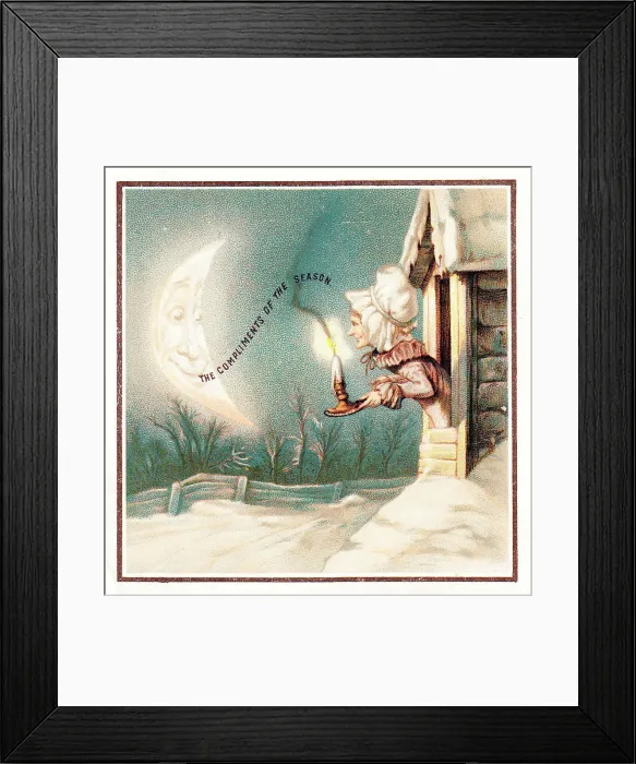Framed Print : Crescent moon and woman on a Christmas card Framed Print : Crescent moon and woman on a Christmas card