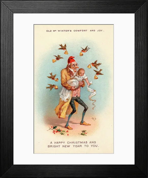 Framed Print : Old Mr Winter with a baby on a Christmas card Framed Print : Old Mr Winter with a baby on a Christmas card