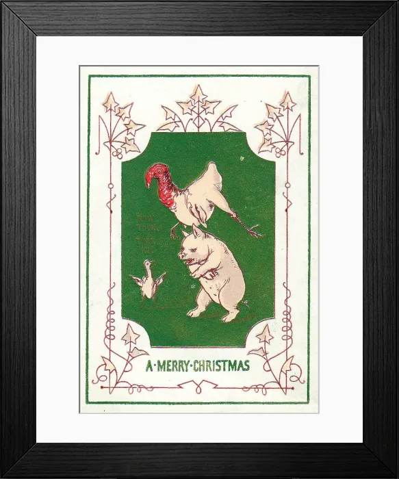 Framed Print : Pig, turkey and goose on a Christmas card Framed Print : Pig, turkey and goose on a Christmas card