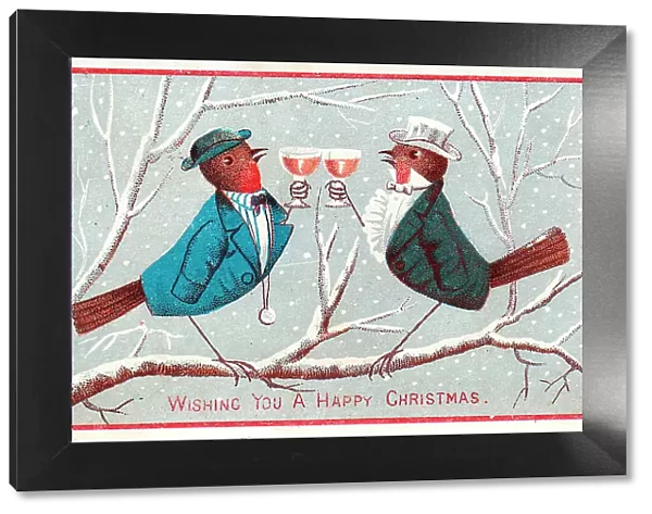 Two robins with drinks on a Christmas card