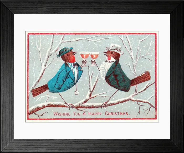 Framed Print : Two robins with drinks on a Christmas card Framed Print : Two robins with drinks on a Christmas card