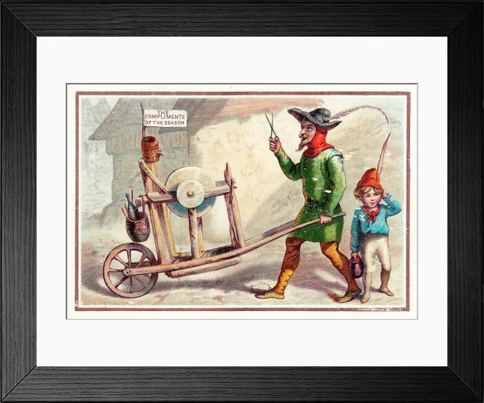 Framed Print : Tradesman sharpening scissors on a Christmas card Framed Print : Tradesman sharpening scissors on a Christmas card